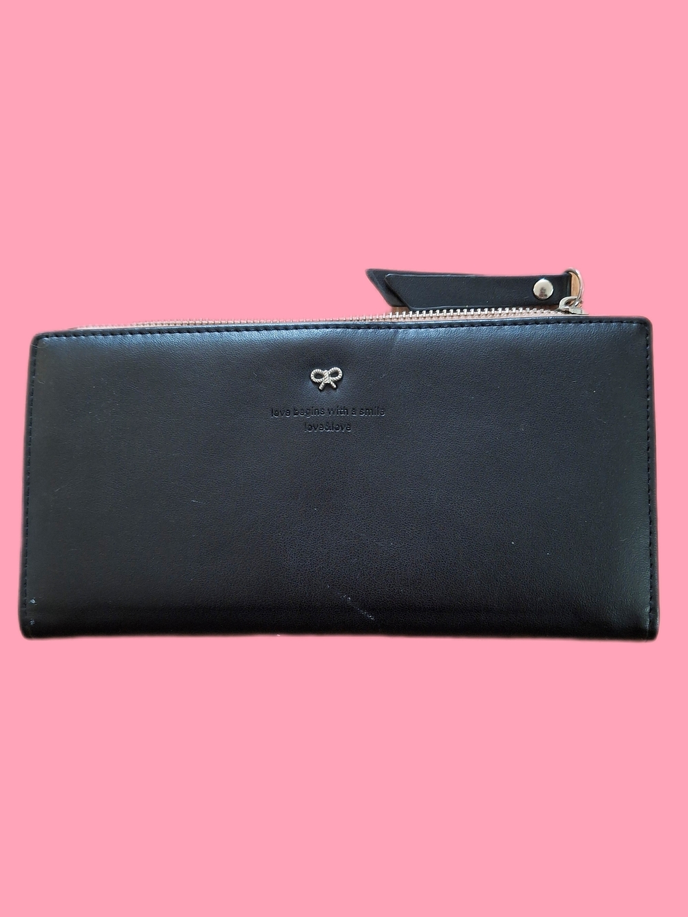 Miniso Black Zip Wallet with Tiny Bow Detail And Cute Saying Vegan Leather
